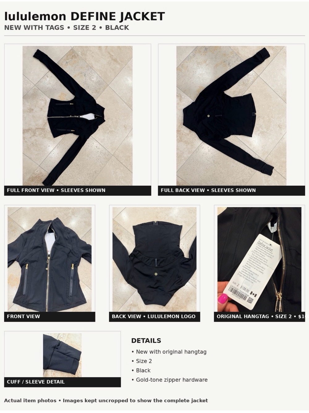 lululemon athletica Black Define Jacket with Gold Zipper
